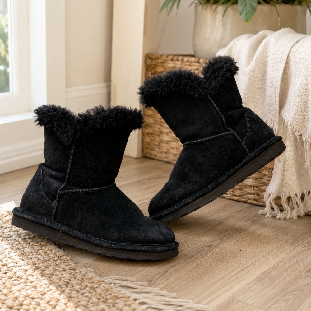 Bearpaw Addilyn Black Suede Faux Fur Trim Winter Boots Womens 8 2199W-05